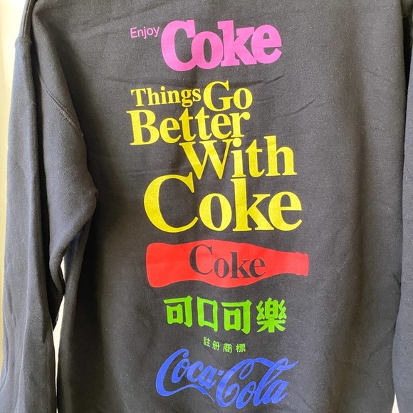 COCA-COLA Unisex Black Multi Logo Crew Neck Fleece Lined Graphic Sweatshirt sz S - Picture 4 of 8